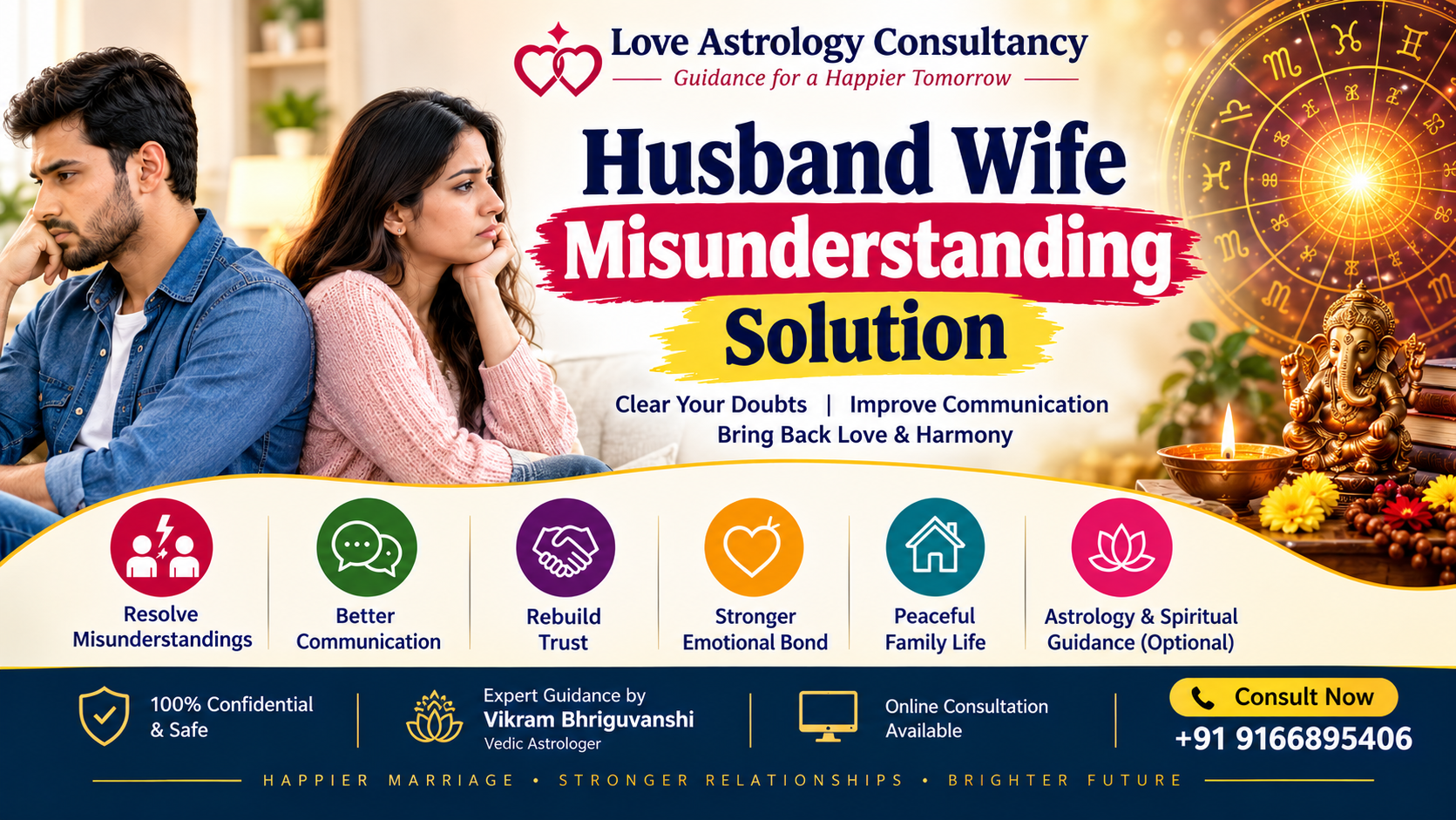 Looking for a husband wife misunderstanding solution? Explore practical communication tips, relationship guidance, counseling options and traditional astrology-based approaches for marital harmony.